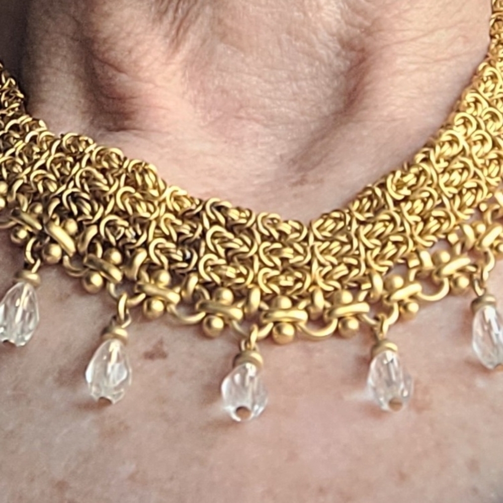 Vintage Elegant Gold Tone Choker Necklace with Dangling Austrian Crystals